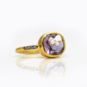 Purple Amethyst gold plated cushion bezel square White topaz pave stacking ring on white background. February birthday, February gemstone, square gemstone, sterling silver, purple birthstone, purple ring