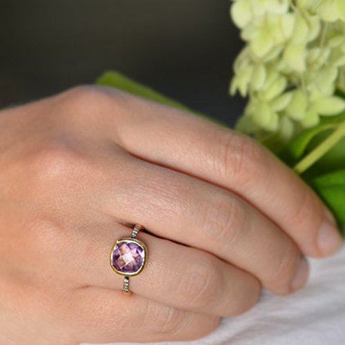 Purple Amethyst gold plated cushion bezel square White topaz pave stacking ring on white background. February birthday, February gemstone, square gemstone, sterling silver, purple birthstone, purple ring