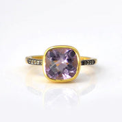 Purple Amethyst gold plated cushion bezel square White topaz pave stacking ring on white background. February birthday, February gemstone, square gemstone, sterling silver, purple birthstone, purple ring