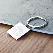 Silver Stainless Steel Square Shape Keychain Engraved with a rounded Custom Monogram. Personalize a keychain with a custom monogram, custom text, or custom image such as baby handprints or a child's drawing.