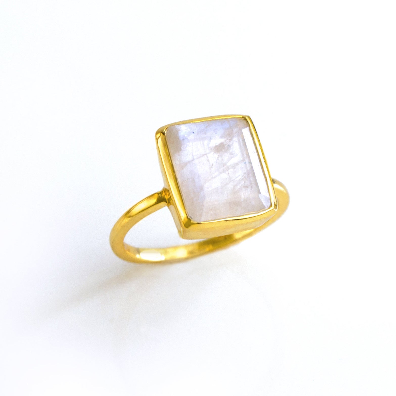 Faceted Rainbow Moonstone large rectangle bezel ring - June