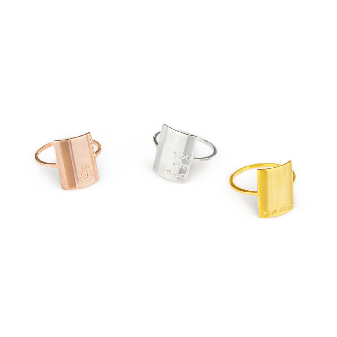 Gold plated, rose gold plated and sterling silver engraved plate rings, rectangle plate. Choose from our font styles to engrave a name, initials, date, roman numerals, symbol or short phrase. 