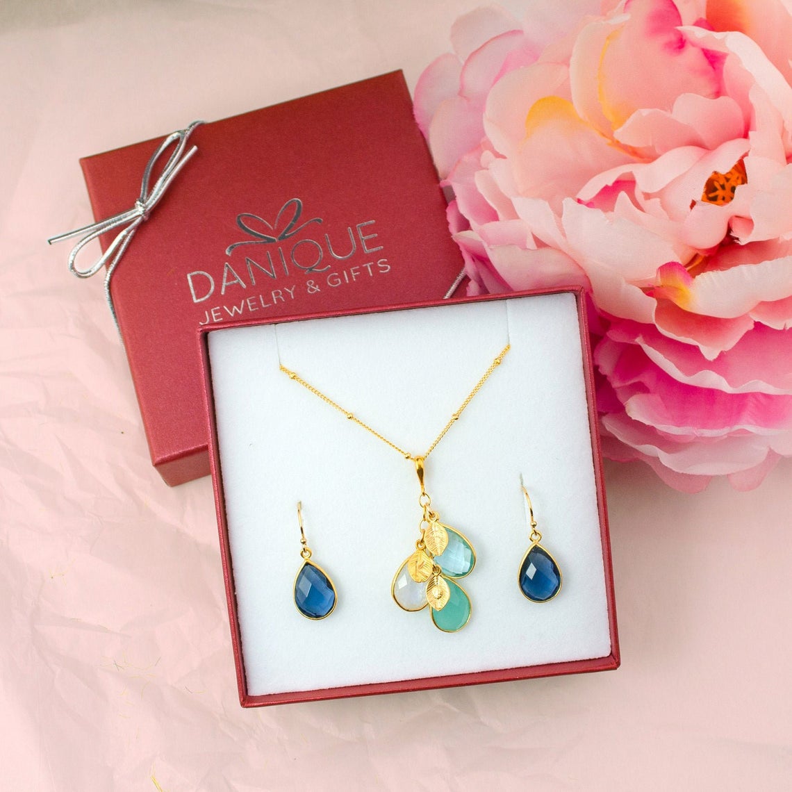 Personalized Mother's Necklace, Cascading Birthstone Pendants & Initials