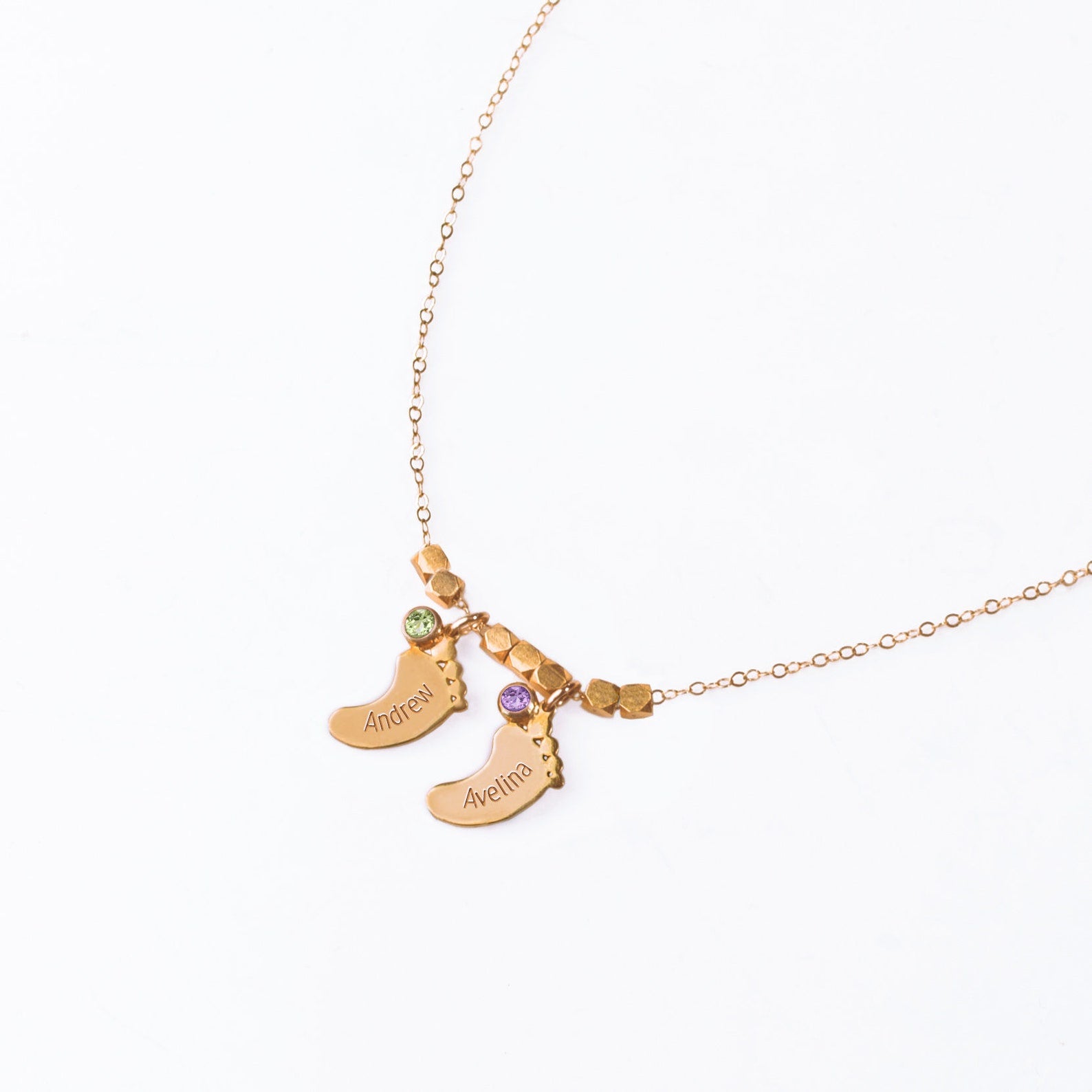 Footprint Charm Dangle Necklace with Engraved Kid's Names and Birthstones