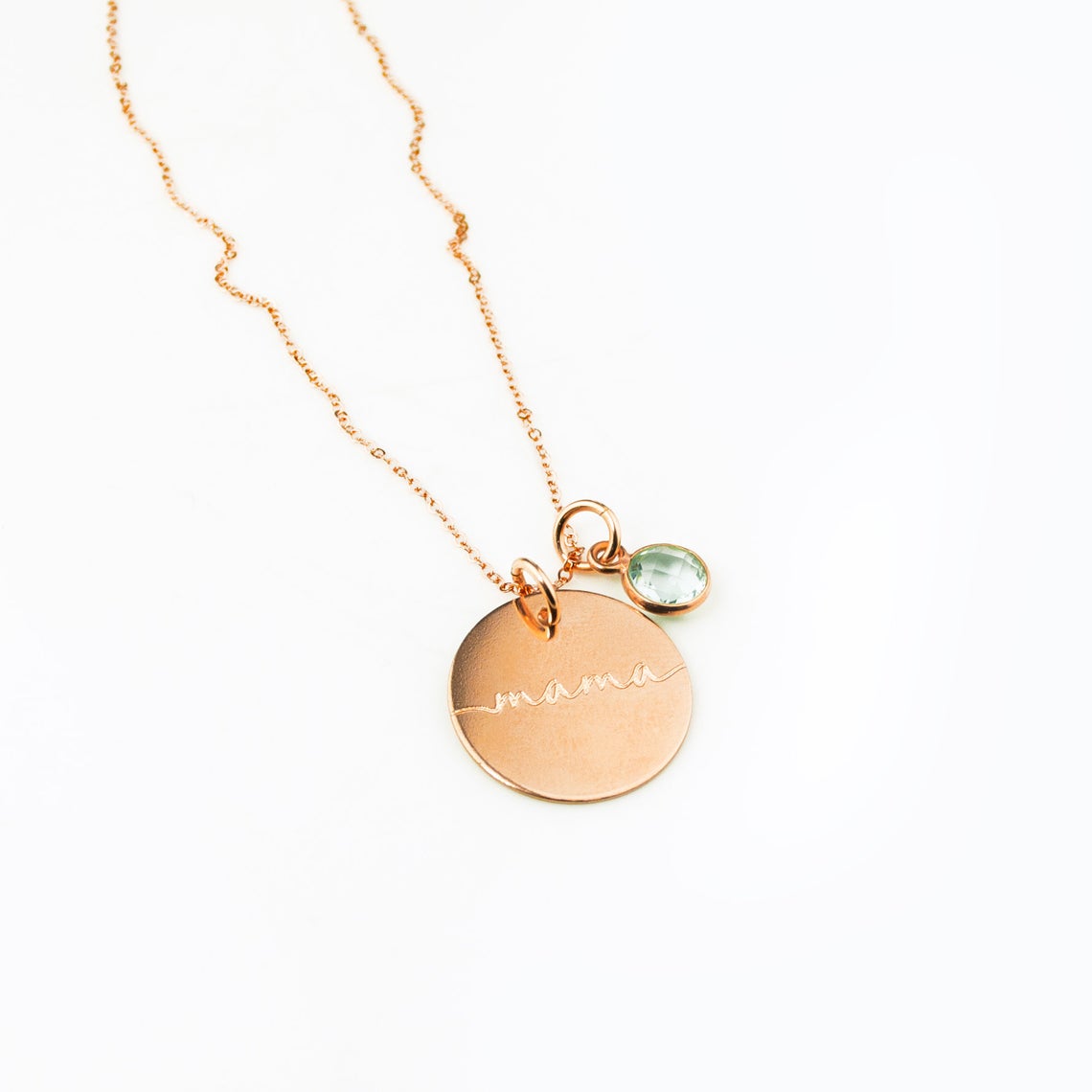 Single Rose gold filled mama design necklace with green amethyst birthstone.
