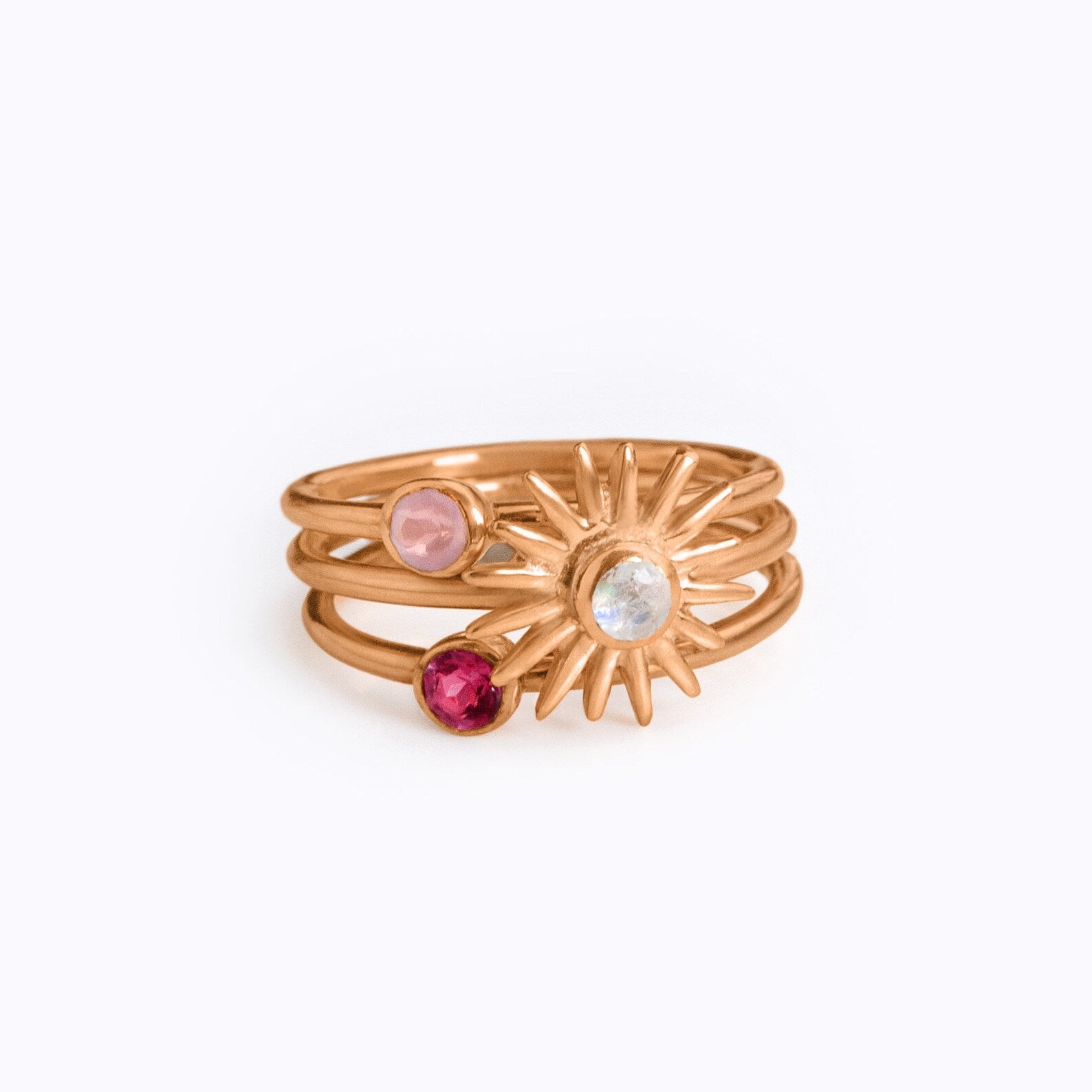 rose gold ring set rainbow moonstone pink chalcedony ruby quartz birthstone rings for june july and october sun burst shape ring tiny round rings