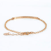 Single rose gold filled skinny bar anklet with morse code on the front and secret coordinates engraved on the back.