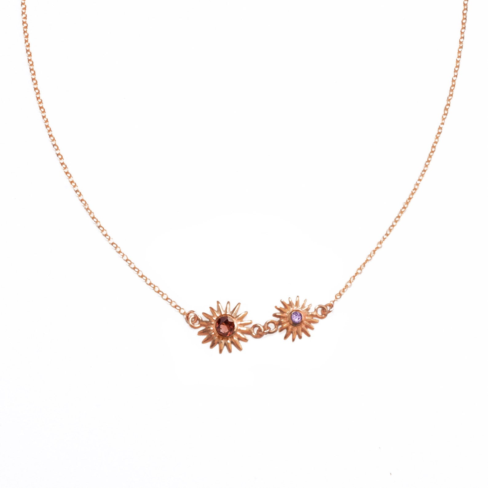 rosegoldsunburstnecklacegarnetquartzpurpleamethystquartzbirthstonesforjanuaryandfebruarysunpendantnecklace