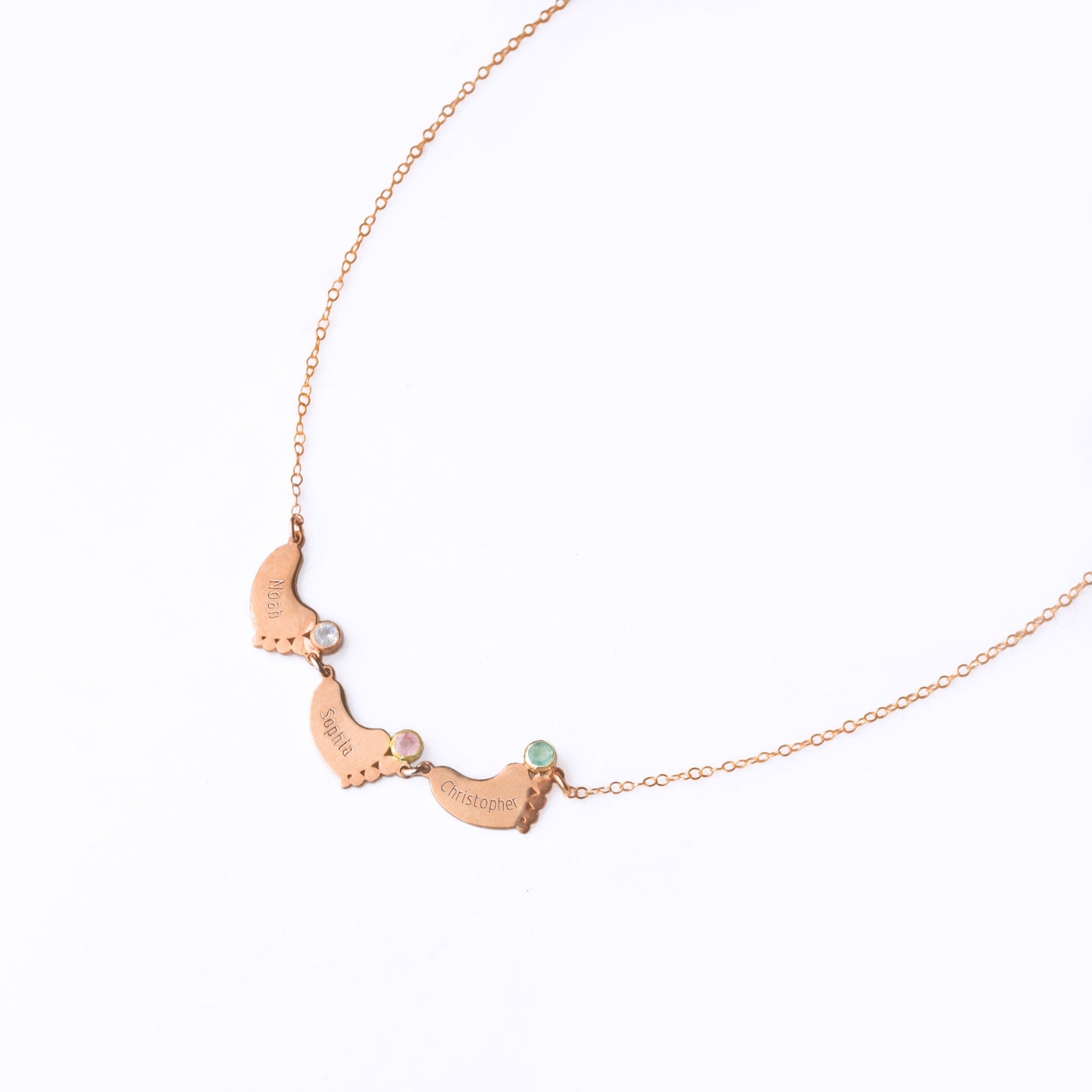 Footprint Charm Horizontal Connector Necklace with Engraved Kid's Names and Birthstones