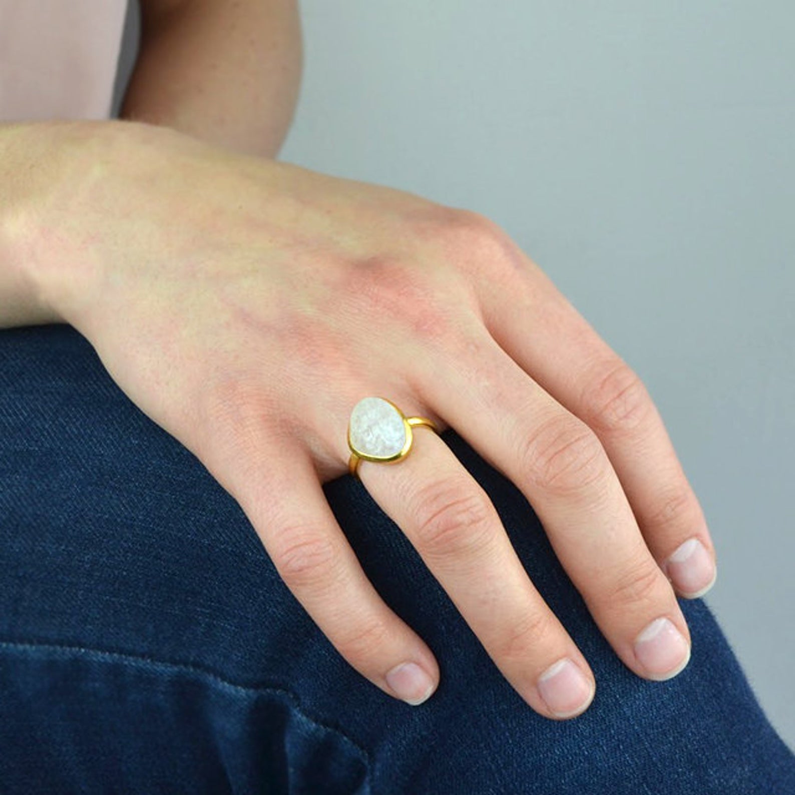 Gold ring with natural moonstone soft glow gemstone
