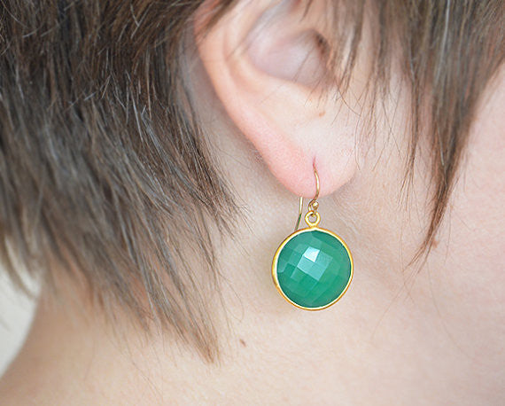Green Chalcedony large round Vermeil Gold or Sterling Silver bezel set Earrings