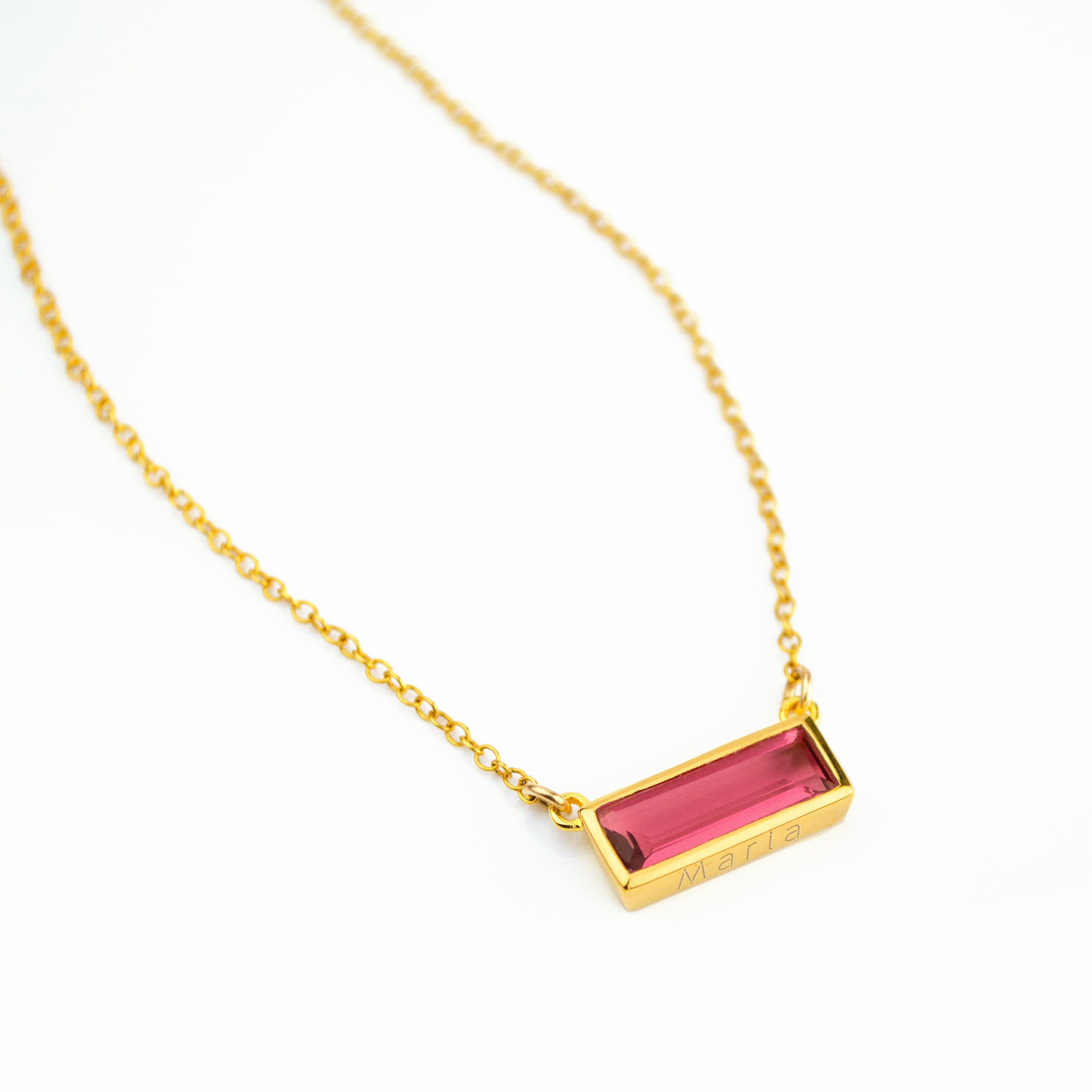 Single gold filled cable chain with ruby quartz horizontal bar adira necklace with bottom engraved july birthstone on white background