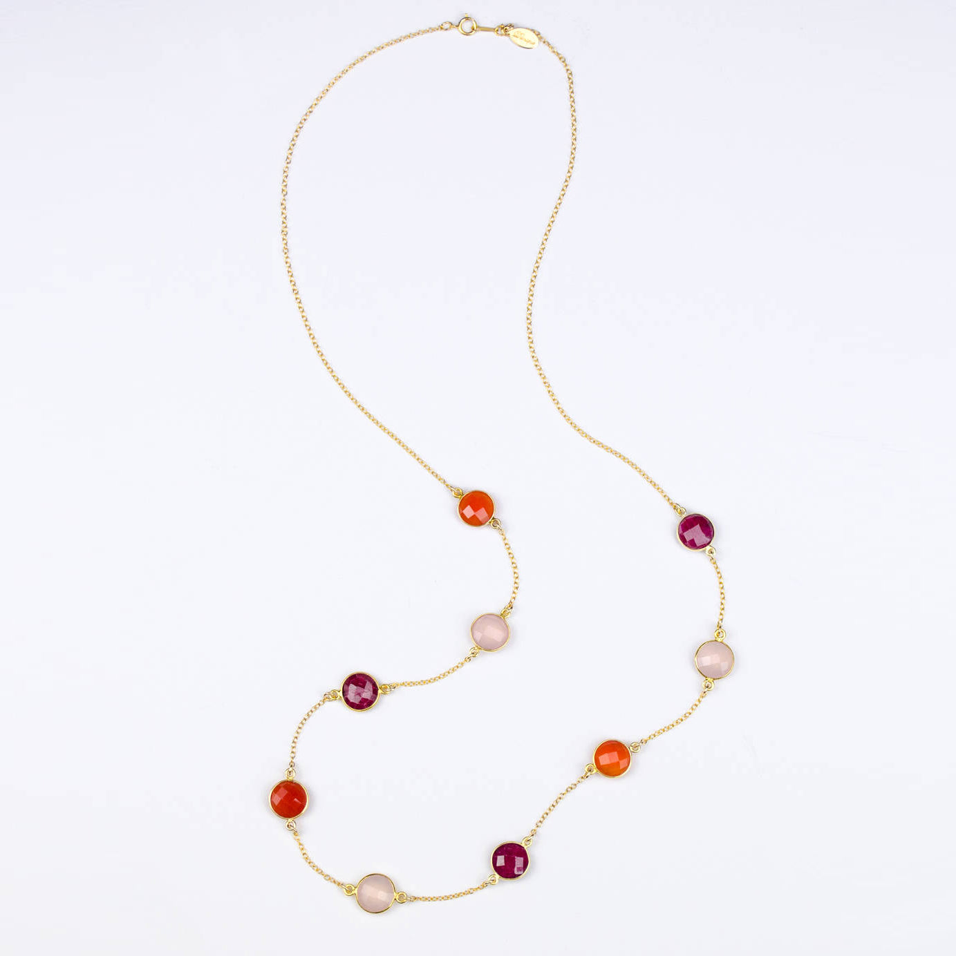 Long Ruby, Carnelian, Pink Quartz bezel station necklace