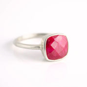 sterling silver dyed ruby ring, july birthstone jewelry, red ruby gemstone ring, square cushion faceted ruby, Bezel set ring, Sterling silver ring, ruby gift, july birthday gift, pink ring for her, birthstone ring, july birthstone 