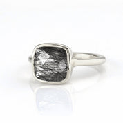 Sterling silver Black Rutilated Quartz cushion bezel square stacking ring on white background. black gemstone, square gemstone, rutile stone, sterling silver ring