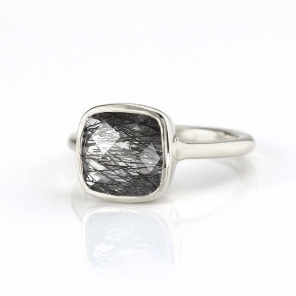 Sterling silver Black Rutilated Quartz cushion bezel square stacking ring on white background. black gemstone, square gemstone, rutile stone, sterling silver ring