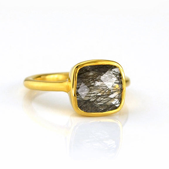 Black Rutilated Quartz gold plated cushion bezel square stacking ring on white background. black gemstone, square gemstone, rutile stone, sterling silver ring
