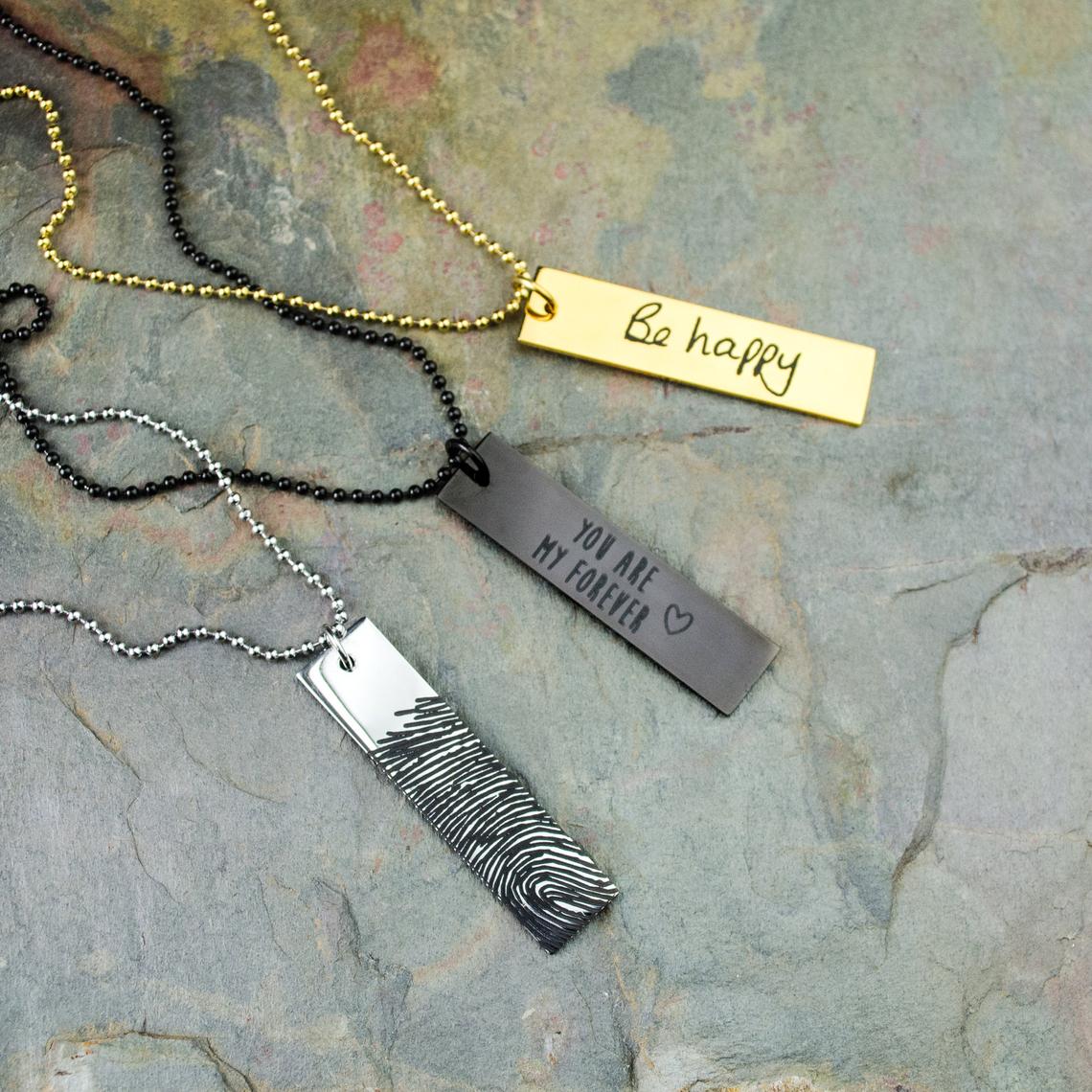 Silver rectangle necklace with fingerprint engraved, black necklace with phrase, gold necklace with custom handwriting from photo.