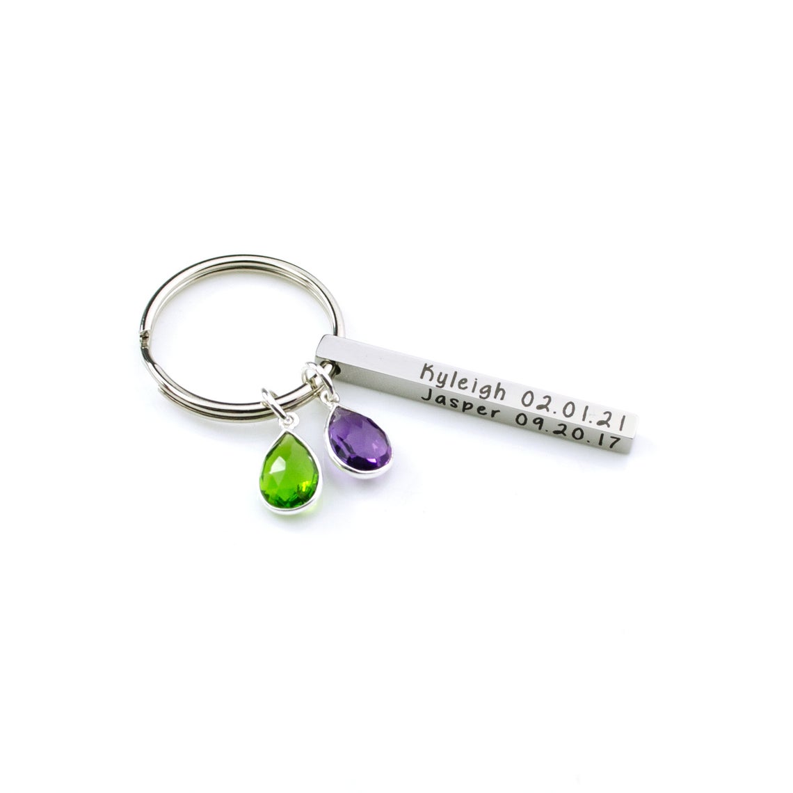 Silver small bar keychain key fob with two children's birthstones.