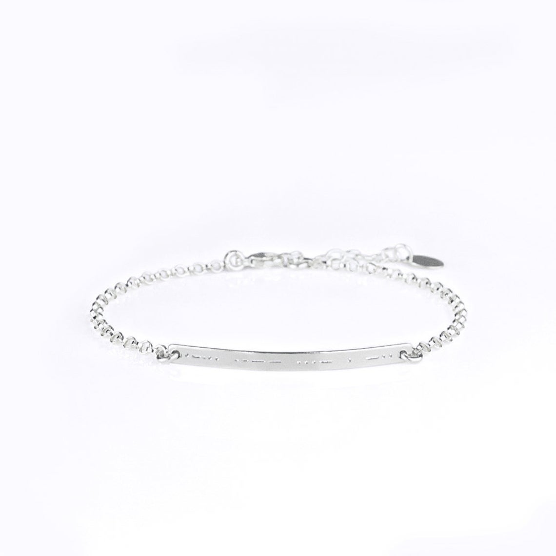 Single sterling silver morse code skinny bar anklet with adjustable closure.