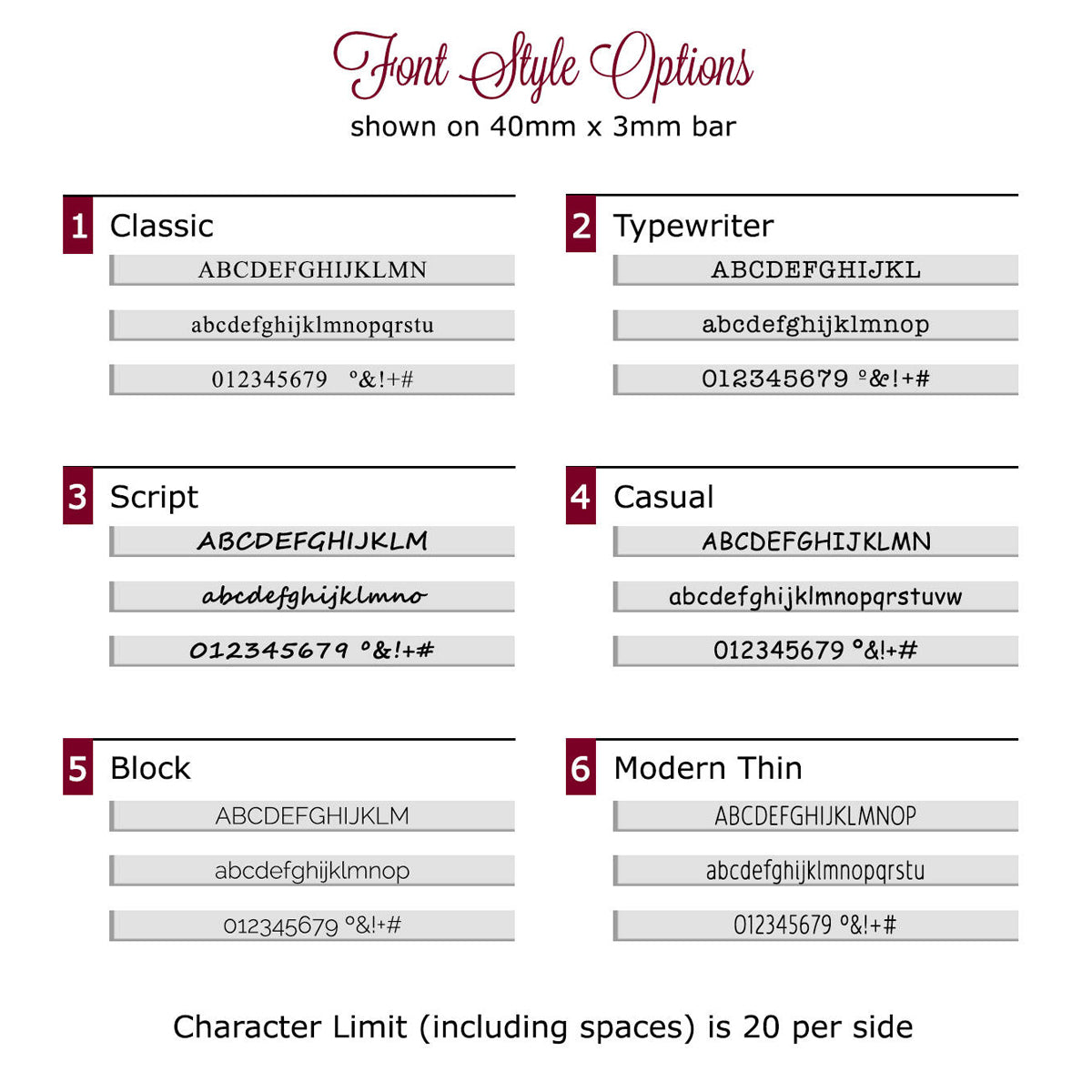 Font Options for Personalized Text Skinny Bar Dainty Gold, Silver or Rose Gold Necklace. Classic Serif Font, Typewriter Serif font, Script Handwriting Font, Causal Sans Serif Font, Block Sans Serif Font, Modern Thin Sans Serif Font