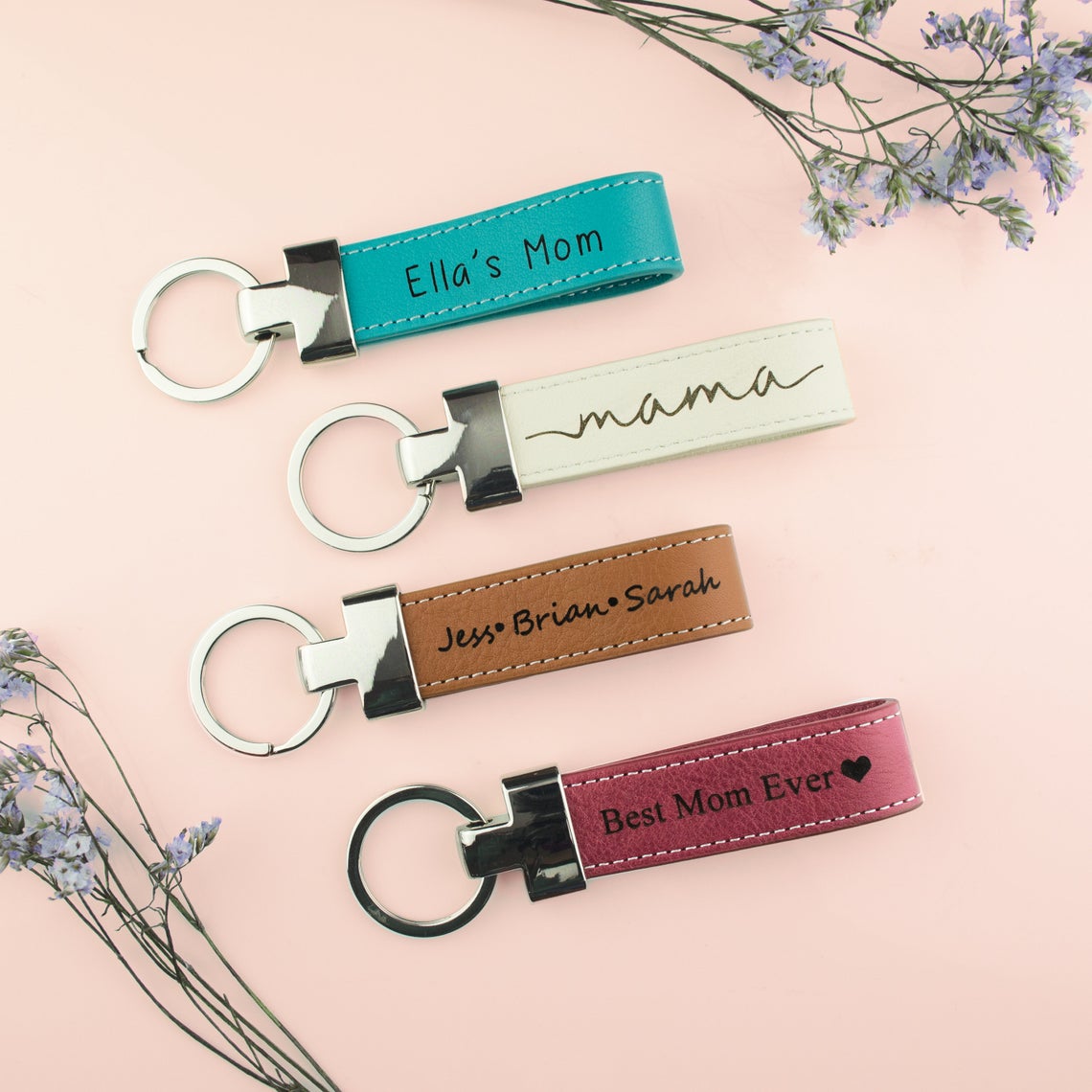 Custom Leather Gift for Mom, Personalized Leather Loop Name Keychain