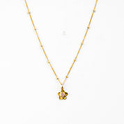 Single gold filled satellite chain daughter's bloom necklace with pink chalcedony birthstone on a white background. Mother daughter necklace set. 