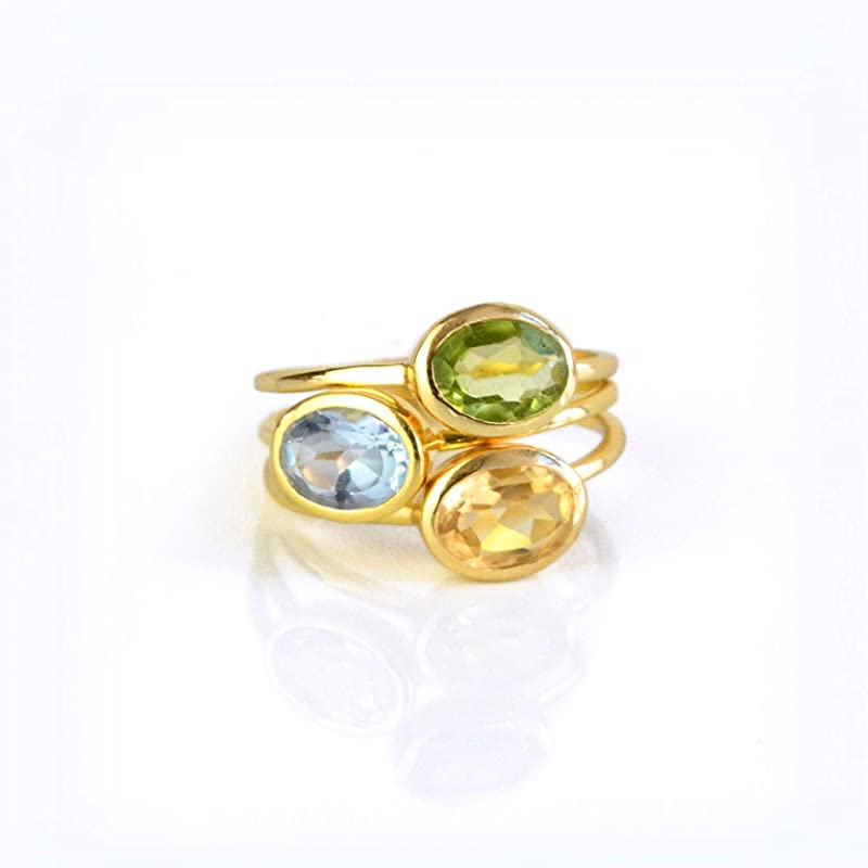 Set of 3 gold Stacking Ring Set Tiny Oval Gemstones with peridot, kyanite and citrine. September Birthstone Sapphire, November Birthstone, August Birthstone. Ring set for mom, sisters, BBF