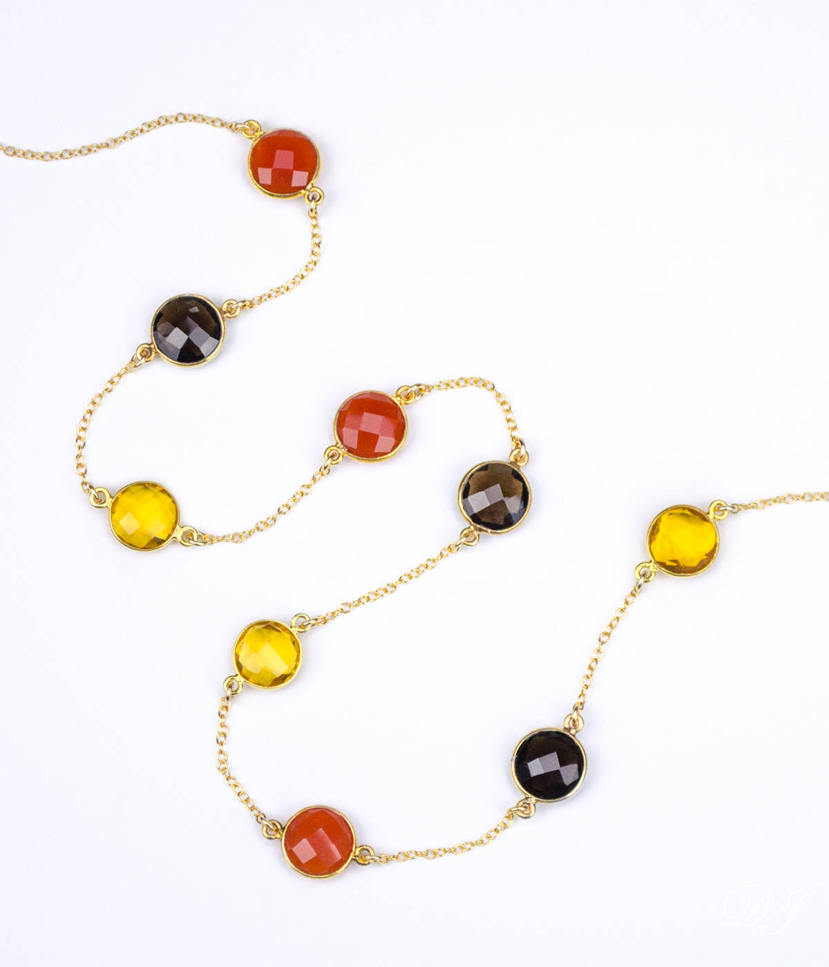 Long Citrine, Carnelian, Smoky Quartz bezel station necklace