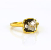 Smokey Quartz gold plated cushion bezel square stacking ring on white background. birthday ring, gemstone, square gemstone, bezel set, sterling silver ring, facets