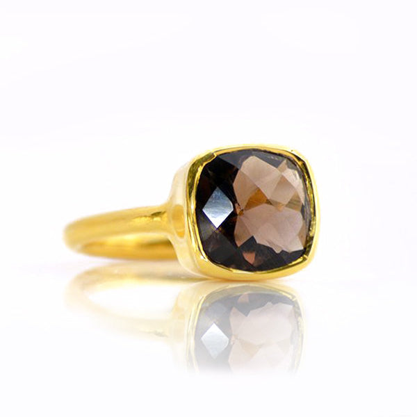 Smokey Quartz gold plated cushion bezel square stacking ring on white background. birthday ring, gemstone, square gemstone, bezel set, sterling silver ring, facets