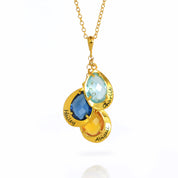 Single gold filled cable chain mothers necklaces shown first featuring blue quartz, kyanite and citrine all with names engraved in script font.