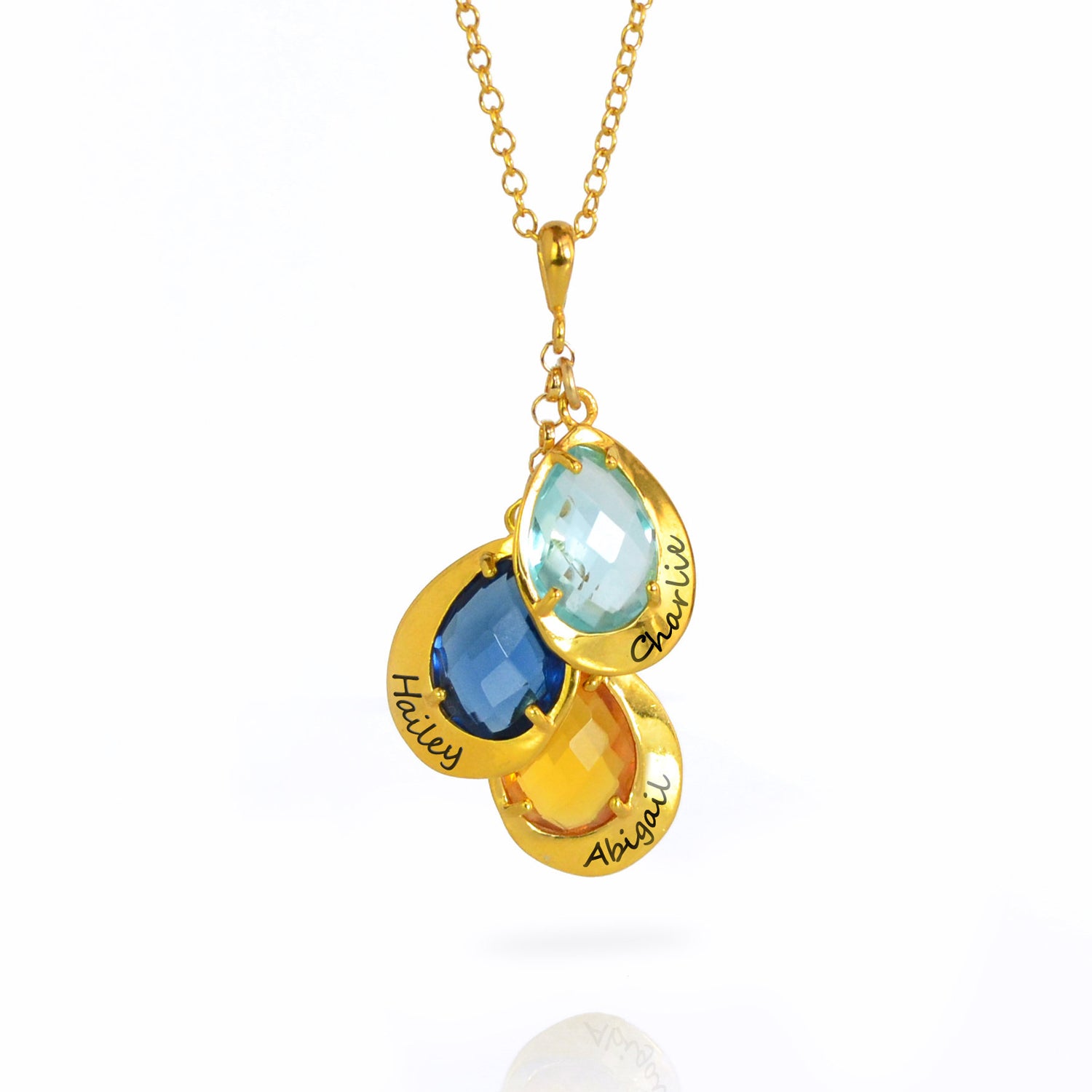 Single gold filled cable chain mothers necklaces shown first featuring blue quartz, kyanite and citrine all with names engraved in script font.