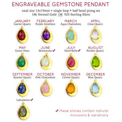 Engraveable gemstone pendants are available in garnet, purple amethyst, aqua chalcedony, clear quartz, green onyx, moonstone, dyed ruby, peridot, kyanite, pink chalcedony, citrine, blue quartz and labradorite 