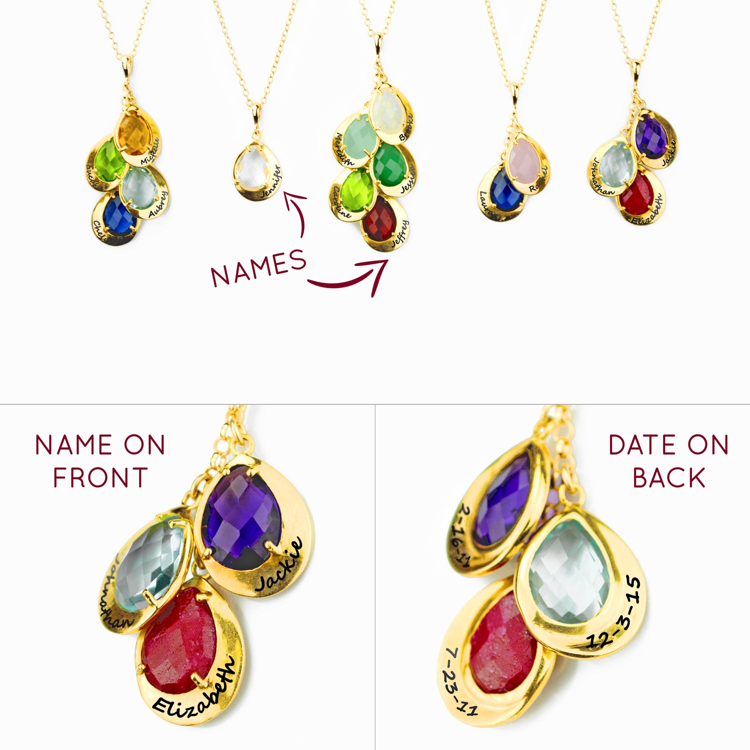 Series of mothers birthstone necklaces with engraved name plate setting in script font front showcasing names and birthdates engraved on the back of the pendants.