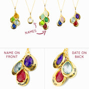 Series of mothers birthstone necklaces with engraved name plate setting in script font front showcasing names and birthdates engraved on the back of the pendants.