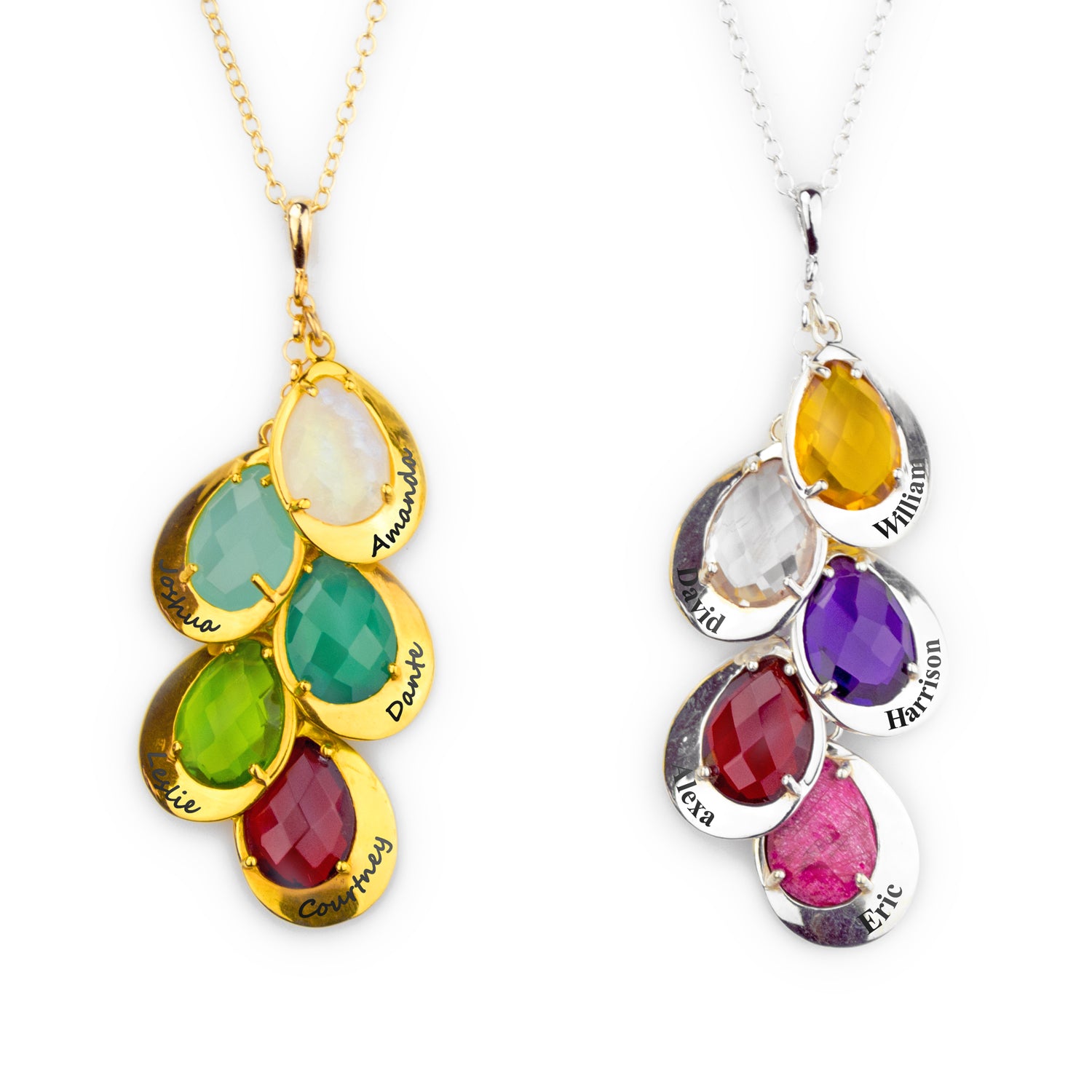 Single gold filled cable chain mothers necklace shown featuring moonstone, aqua chalcedony, green onyx, peridot and garnet. Sterling silver cable chain featuring citrine, clear, purple amethyst, garnet and ruby all engraved either in script or classic fonts.