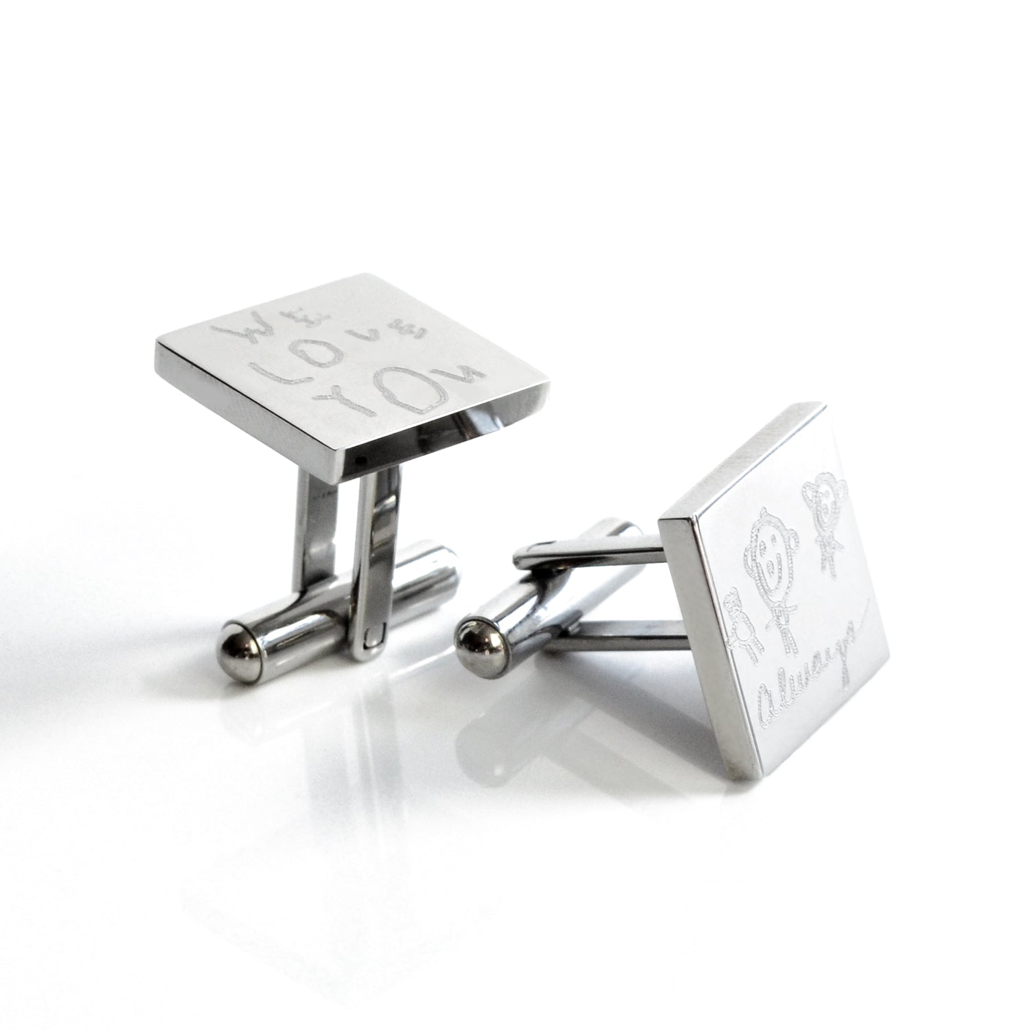Square silver stainless steel custom engraved cufflinks from a child's drawing. Perfect for Father's Day, graduations, anniversaries, birthdays or any holiday.