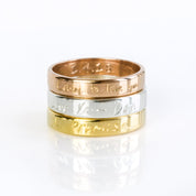 Three Ring Bands in Vermeil Rose Gold, Sterling Silver, and Vermeil Gold each personalized with engravings of actual handwriting text. Ring Bands can be engraved on both the outside and inside. Love Note Actual Handwriting Engraved Ring, Anniversary Gift for Him, Personalized Rings for Couples, Gift for her, gift for him, memorial gift, commemorative gift, gift for fiance, gift for husband, gift for wife, gift for girlfriend, gift for boyfriend, silver anniversary gift, wedding gift, graduation gift