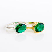 green emerald quartz ring, may birthstone gift, emerald ring for women, Pair of stackable emerald rings—gold vermeil and silver—showing how the bezel-set oval gemstone layers with other bands. Versatile green stone ring for creating a personalized stack, from dainty minimal to bold cocktail looks. Perfect anniversary gift or birthday jewelry for May.