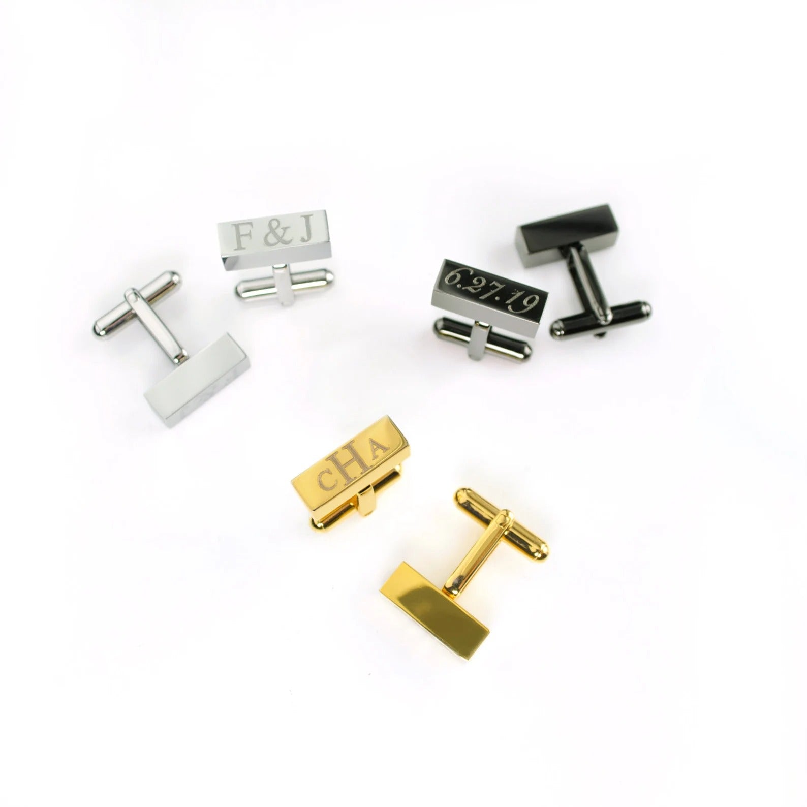 Silver 3d bar cufflinks with two people's initials, black cufflinks with a special date and gold cufflinks with monogram. steel anniversary, silver anniversary, gold anniversary, gift box. gift giving ready. gift ready. mens anniversary gifts, gifts for men, christmas gifts for him, valentine's day gifts for men, gift for husband, gift for fiance, father's day gift, birthday gift, wedding anniversary gift, wedding party gift, father of the groom gift, father of the bride gift, gift for grandfather