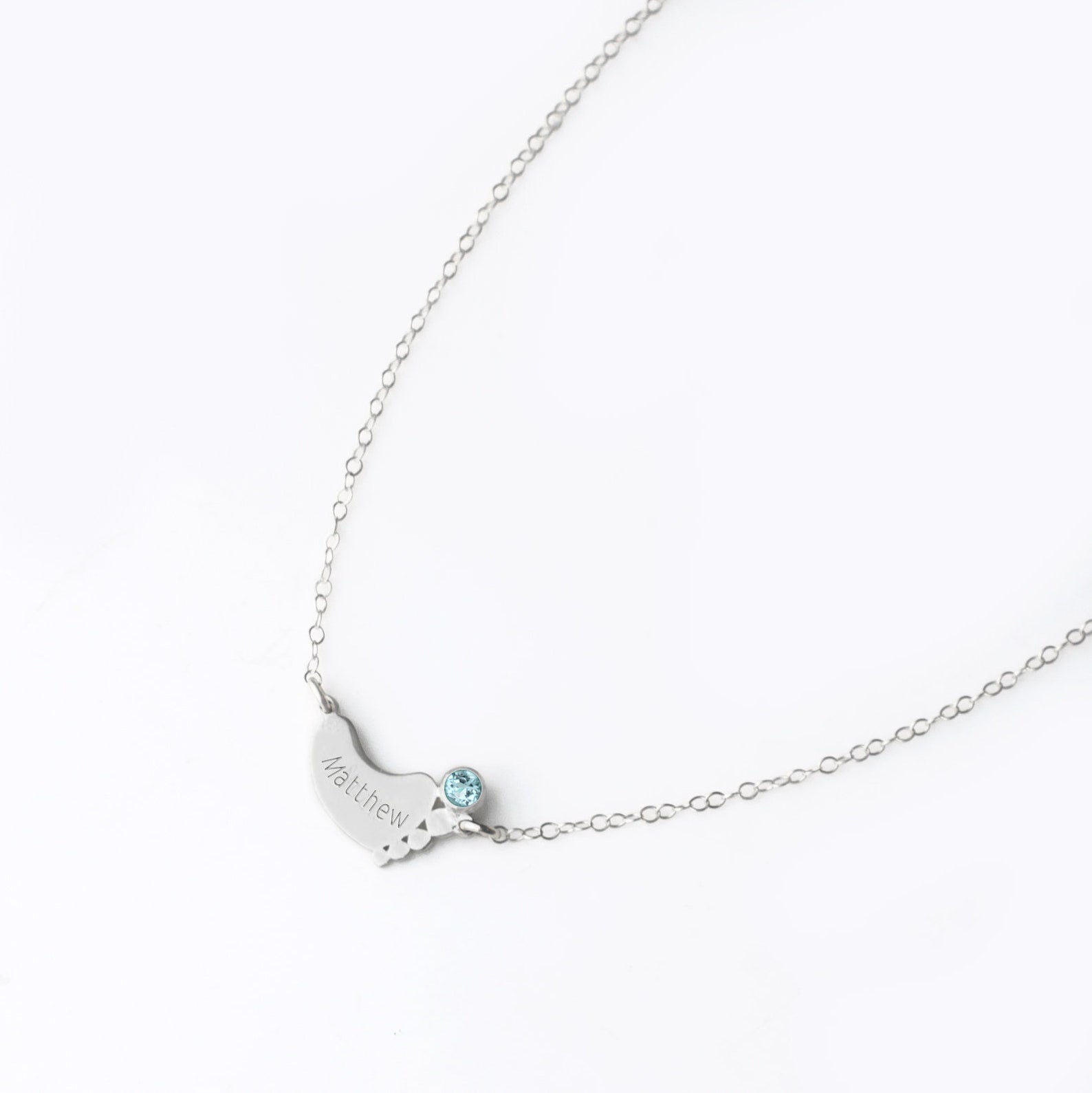 Footprint Charm Horizontal Connector Necklace with Engraved Kid's Names and Birthstones