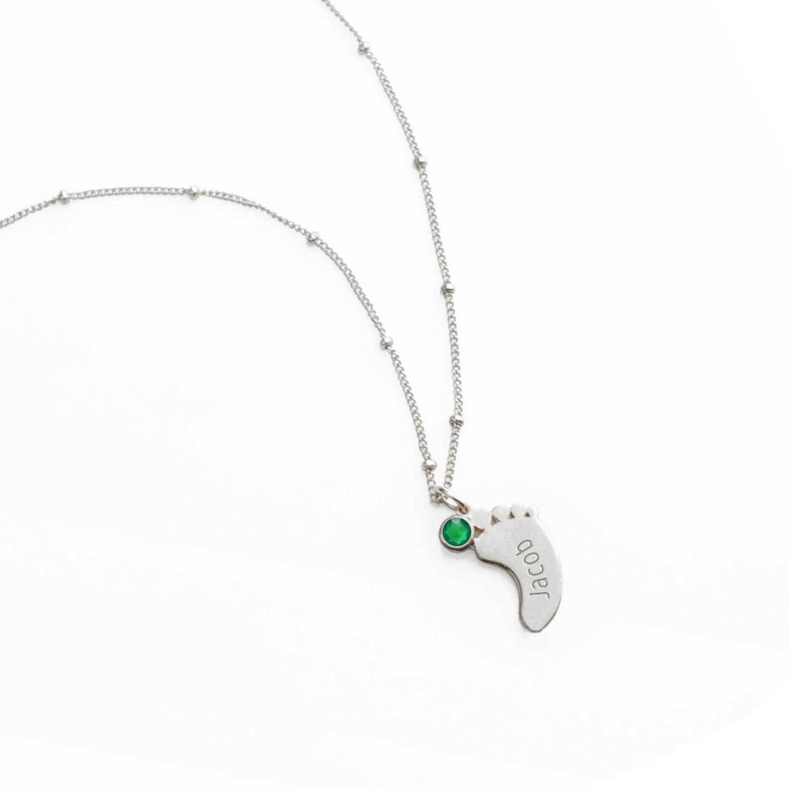 Footprint Charm Vertical Drop Pendant Necklace with Engraved Kid's Names and Birthstones