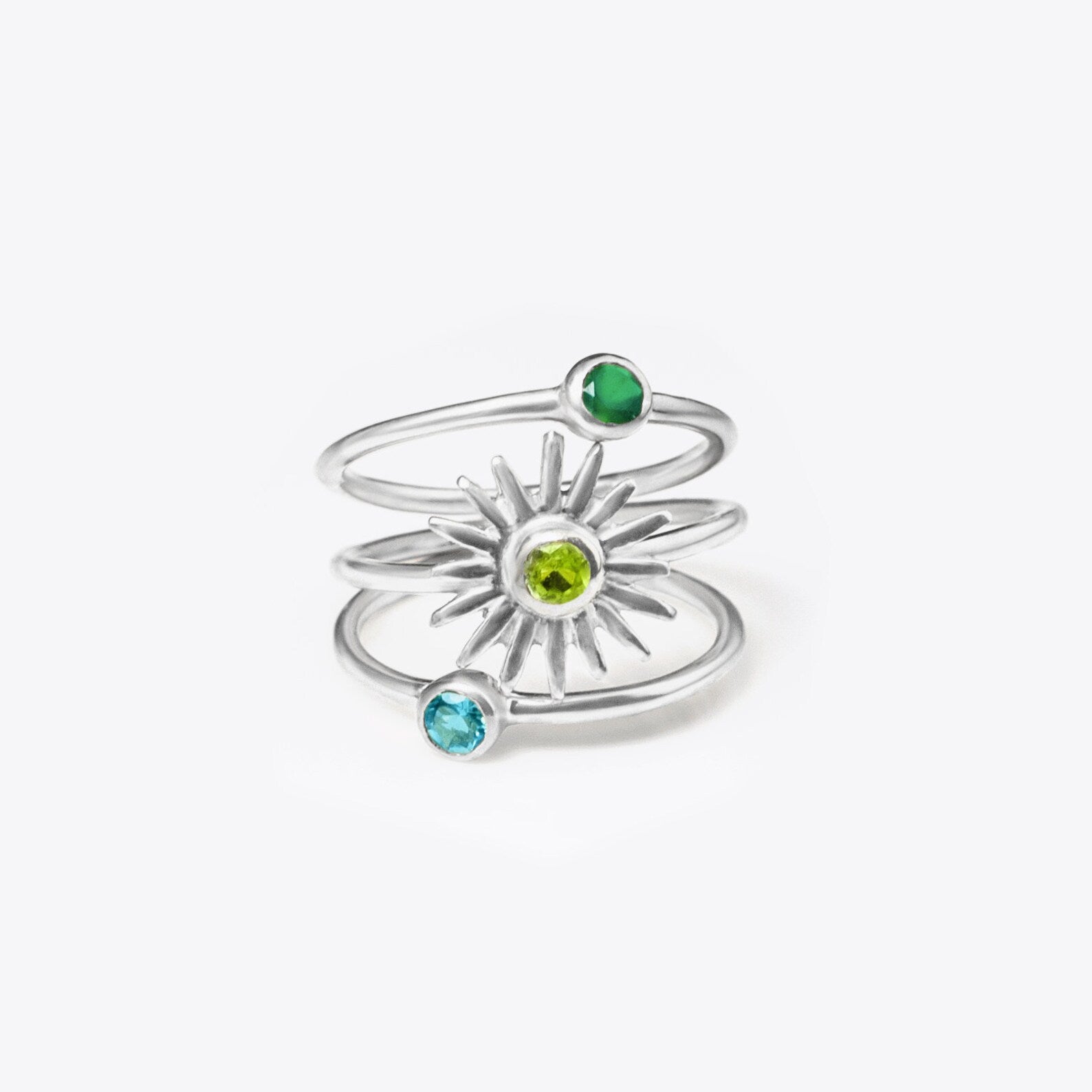 Sterling silver sun burst and dainty round rings in green onyx, peridot, and blue topaz. birthstone rings may birthstone, august birthstone, september birthstone