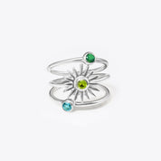 Sterling silver sun burst and dainty round rings in green onyx, peridot, and blue topaz. birthstone rings may birthstone, august birthstone, september birthstone