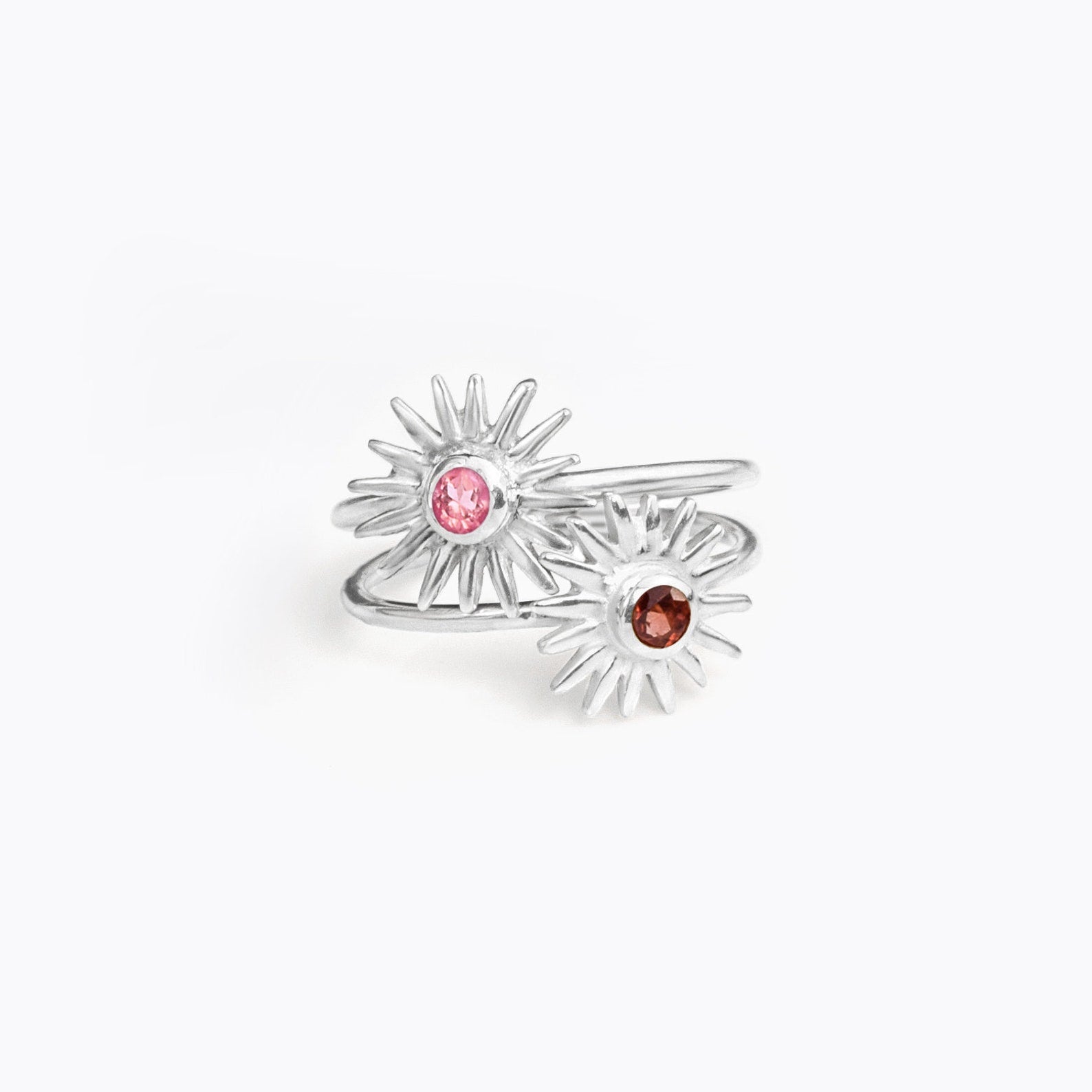 sterlingsilversunburstringsrubyquartzgarnetquartzbirthstoneringcombosilvermetalsunringwithgemstone