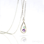 Single sterling silver teardrop frame birthstone necklace with 1 5mm purple amethyst stone and 1 3mm aqua chalcedony stone representing the child