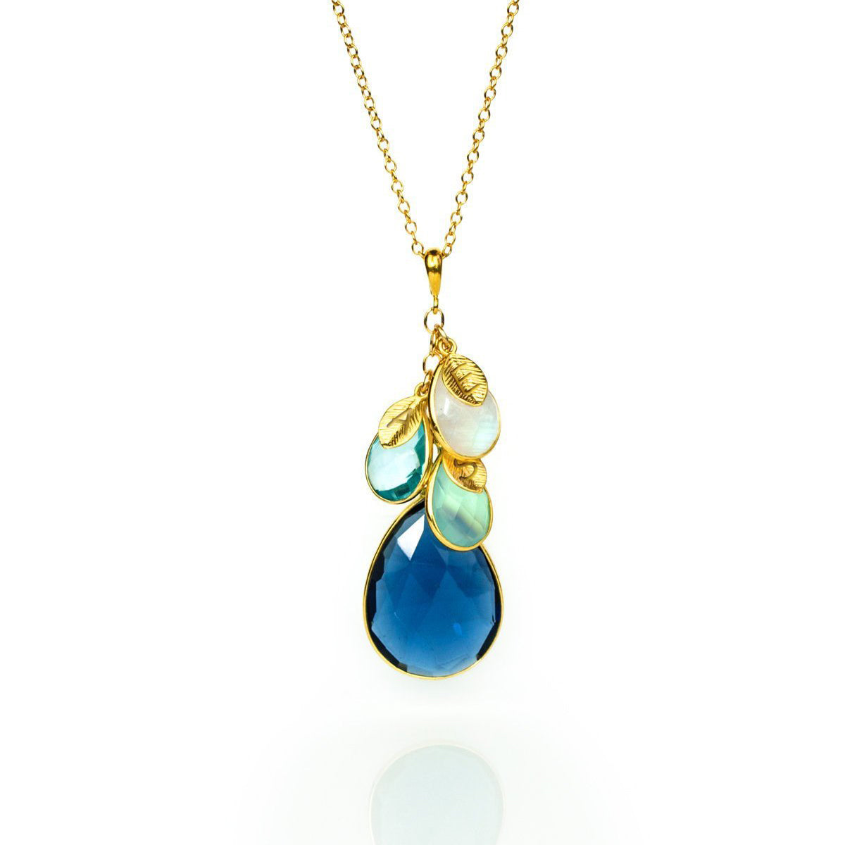 Single gold filled cable mothers birthstone necklace with large kyanite birthstone and moonstone, sky blue topaz and aqua  chalcedony kids birthstones with hand stamped leaf charms