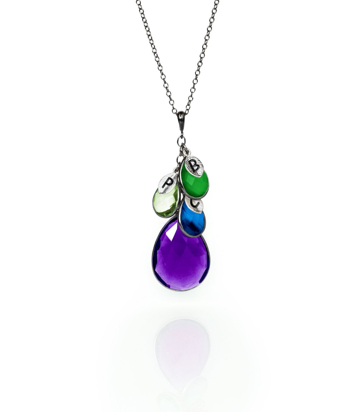 Single oxidized silver cable mothers birthstone necklace with large purple amethyst birthstone and green onyx, green amethyst and kyanite kids birthstones with hand stamped leaf charms