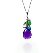 Single oxidized silver cable mothers birthstone necklace with large purple amethyst birthstone and green onyx, green amethyst and kyanite kids birthstones with hand stamped leaf charms